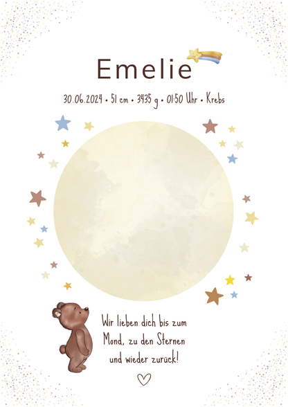 Geburtsposter mit Bärchen-Motiv, Mond und Sternen und persönlichen Daten – ideal fürs Kinderzimmer