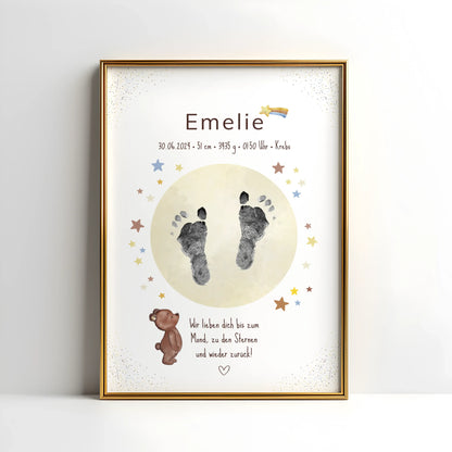 Geburtsposter mit Bärchen-Motiv, Mond und Sternen und persönlichen Daten – ideal fürs Kinderzimmer
