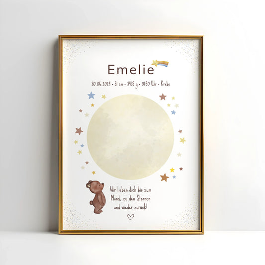 Geburtsposter mit Bärchen-Motiv, Mond und Sternen und persönlichen Daten – ideal fürs Kinderzimmer