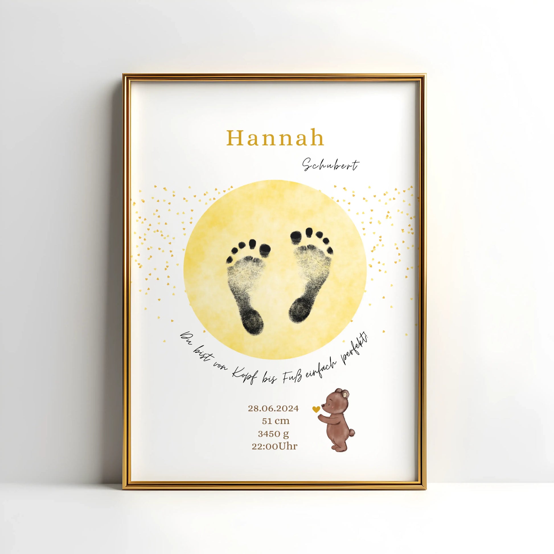 Personalisiertes Geburtsposter mit Hand- oder Fußabdrücken und Name und Geburtsdaten – liebevoll gestaltet in Pastellfarben, als Deko fürs Babyzimmer oder Geschenk zur Geburt
