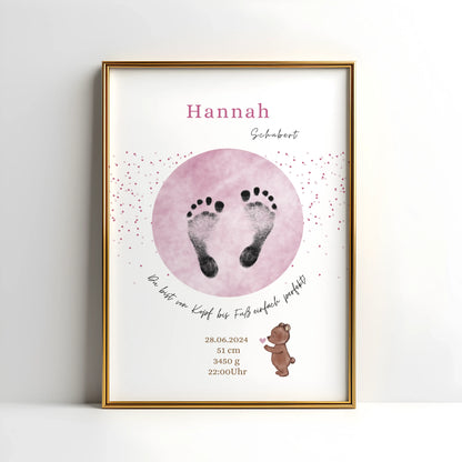 Personalisiertes Geburtsposter mit Hand- oder Fußabdrücken und Name und Geburtsdaten – liebevoll gestaltet in Pastellfarben, als Deko fürs Babyzimmer oder Geschenk zur Geburt