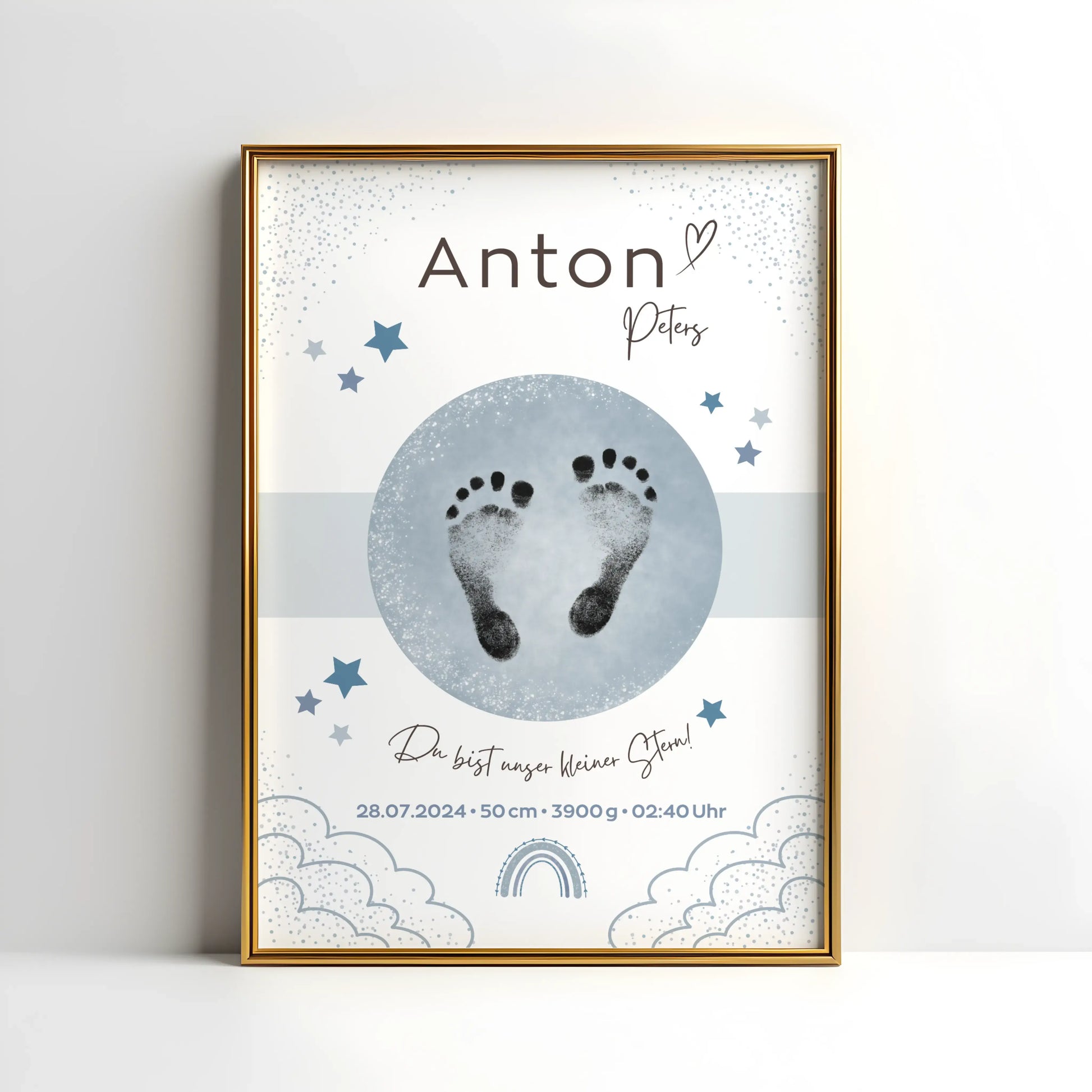 Personalisiertes Geburtsposter mit Sternenhimmel und Fußabdrücken – mit Namen, Geburtsdatum, Uhrzeit, Gewicht und Größe – ideales Geschenk zur Geburt und stilvolle Kinderzimmer-Deko