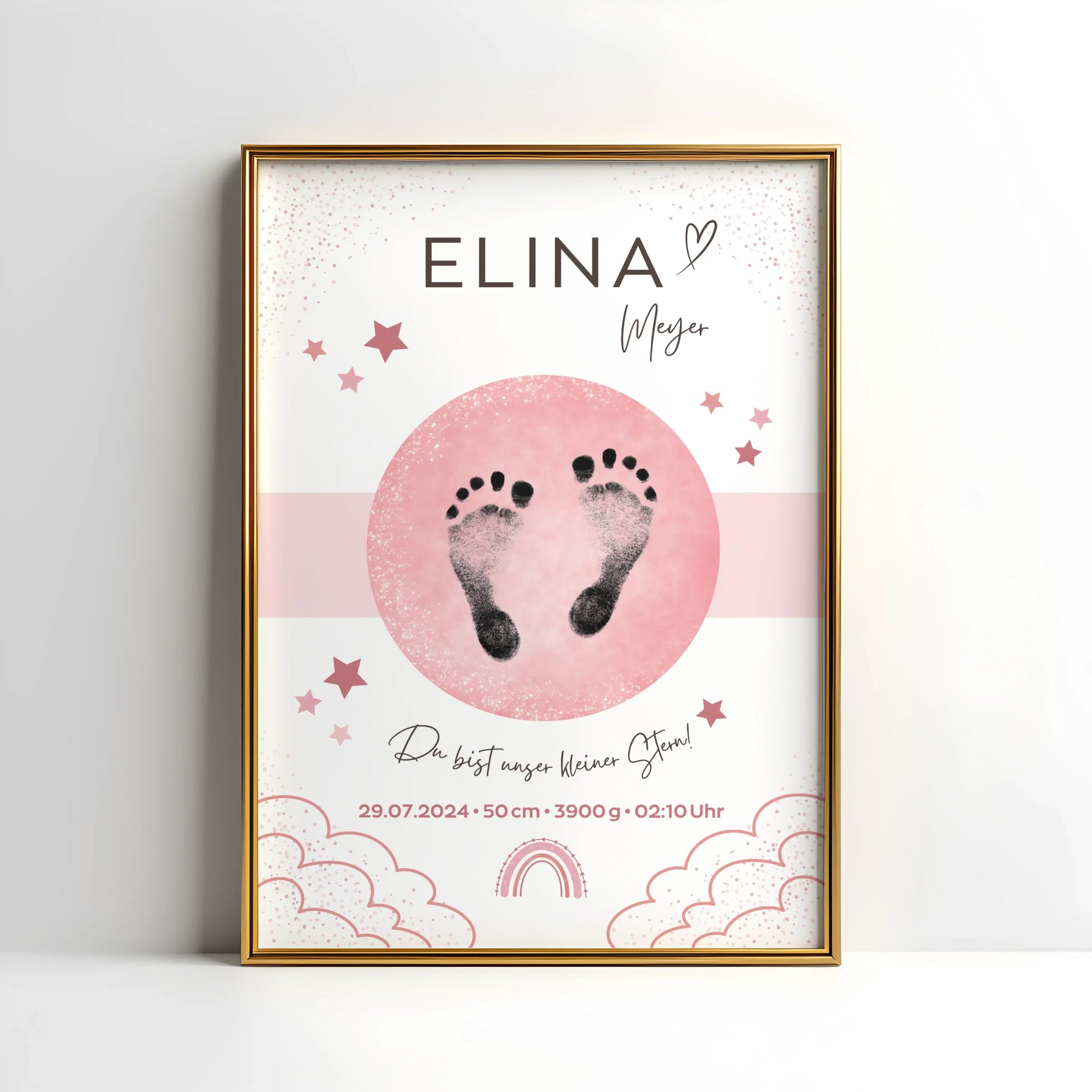 Personalisiertes Geburtsposter mit Sternenhimmel und Fußabdrücken – mit Namen, Geburtsdatum, Uhrzeit, Gewicht und Größe – ideales Geschenk zur Geburt und stilvolle Kinderzimmer-Deko
