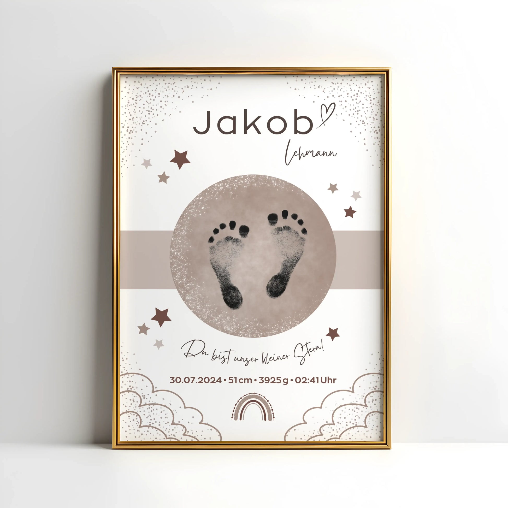 Personalisiertes Geburtsposter mit Sternenhimmel und Fußabdrücken – mit Namen, Geburtsdatum, Uhrzeit, Gewicht und Größe – ideales Geschenk zur Geburt und stilvolle Kinderzimmer-Deko