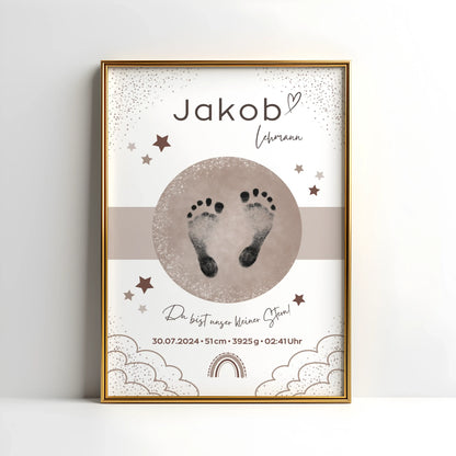 Personalisiertes Geburtsposter mit Sternenhimmel und Fußabdrücken – mit Namen, Geburtsdatum, Uhrzeit, Gewicht und Größe – ideales Geschenk zur Geburt und stilvolle Kinderzimmer-Deko