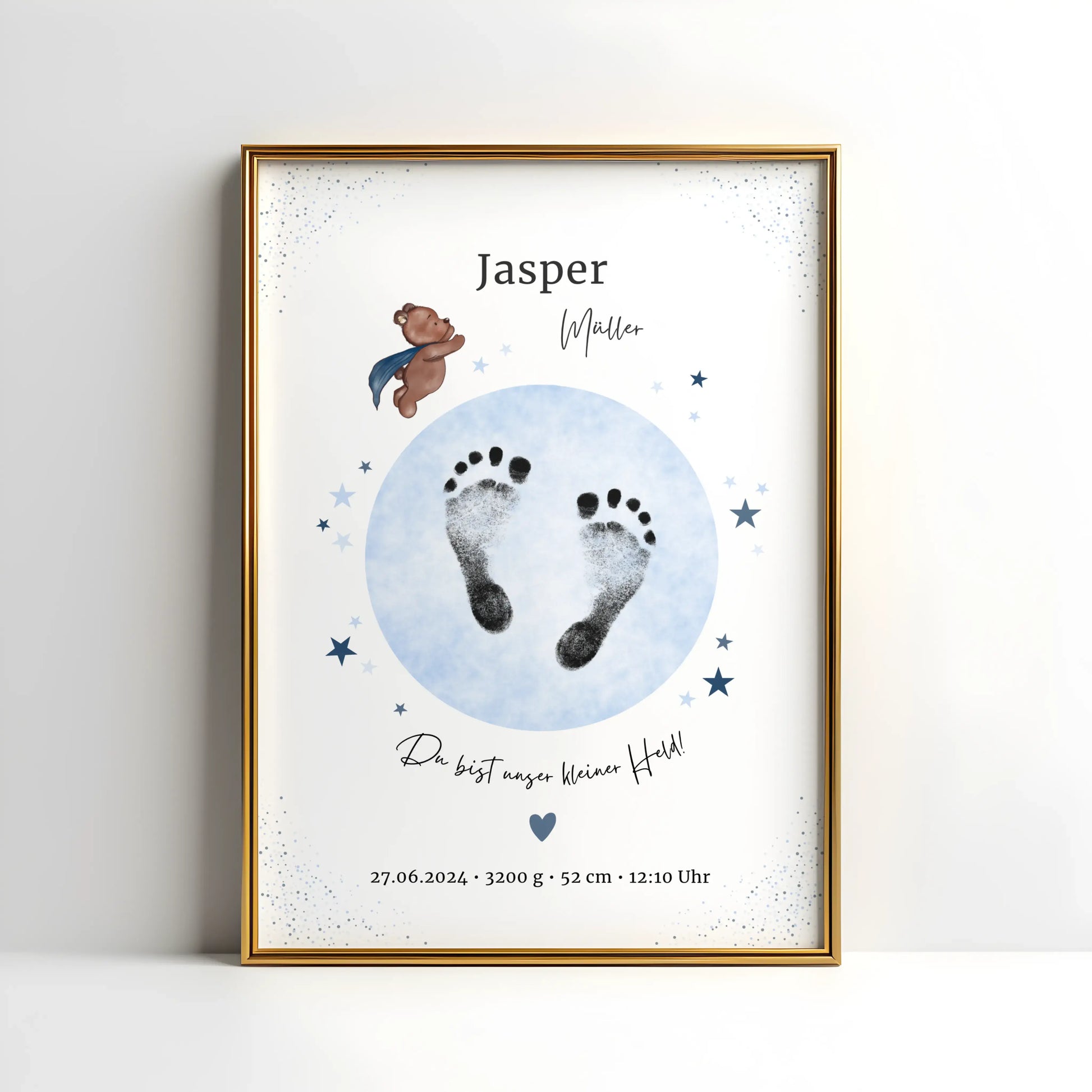 Personalisiertes Geburtsposter mit Hand- oder Fußabdrücken und Name und Geburtsdaten – liebevoll gestaltet in Pastellfarben, als Deko fürs Babyzimmer oder Geschenk zur Geburt