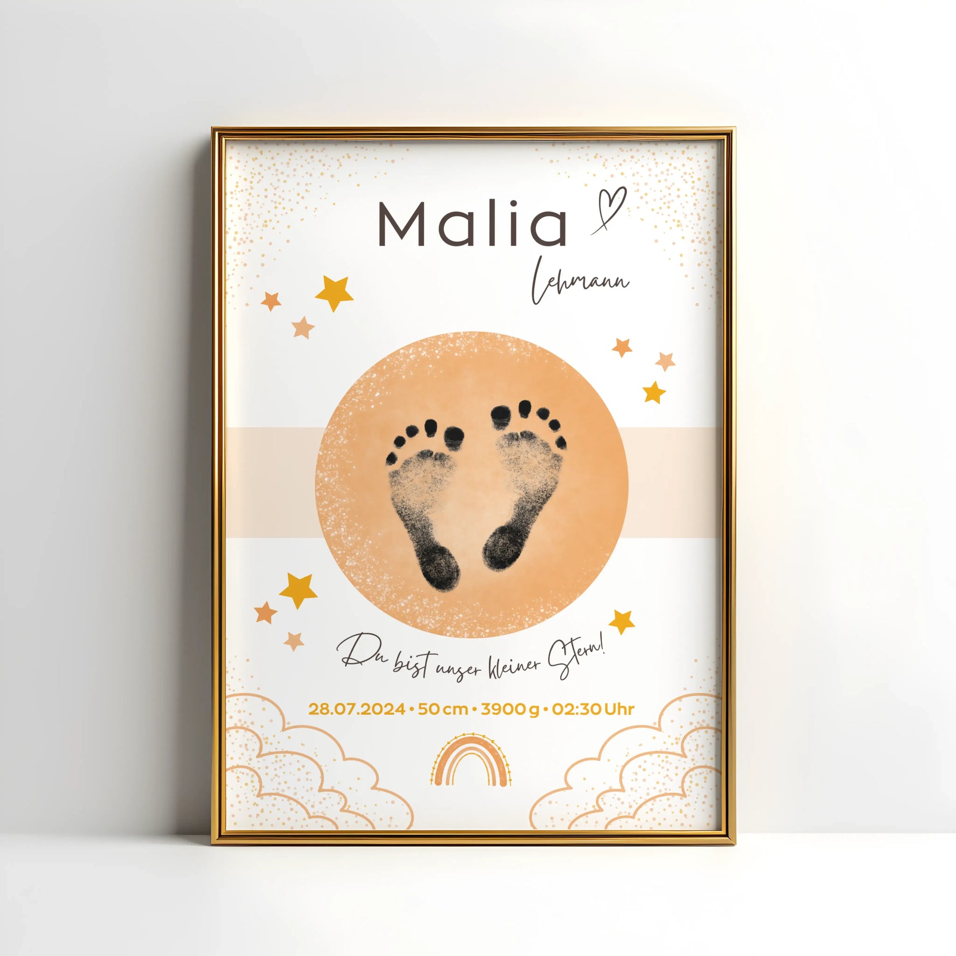 Personalisiertes Geburtsposter mit Sternenhimmel und Fußabdrücken – mit Namen, Geburtsdatum, Uhrzeit, Gewicht und Größe – ideales Geschenk zur Geburt und stilvolle Kinderzimmer-Deko