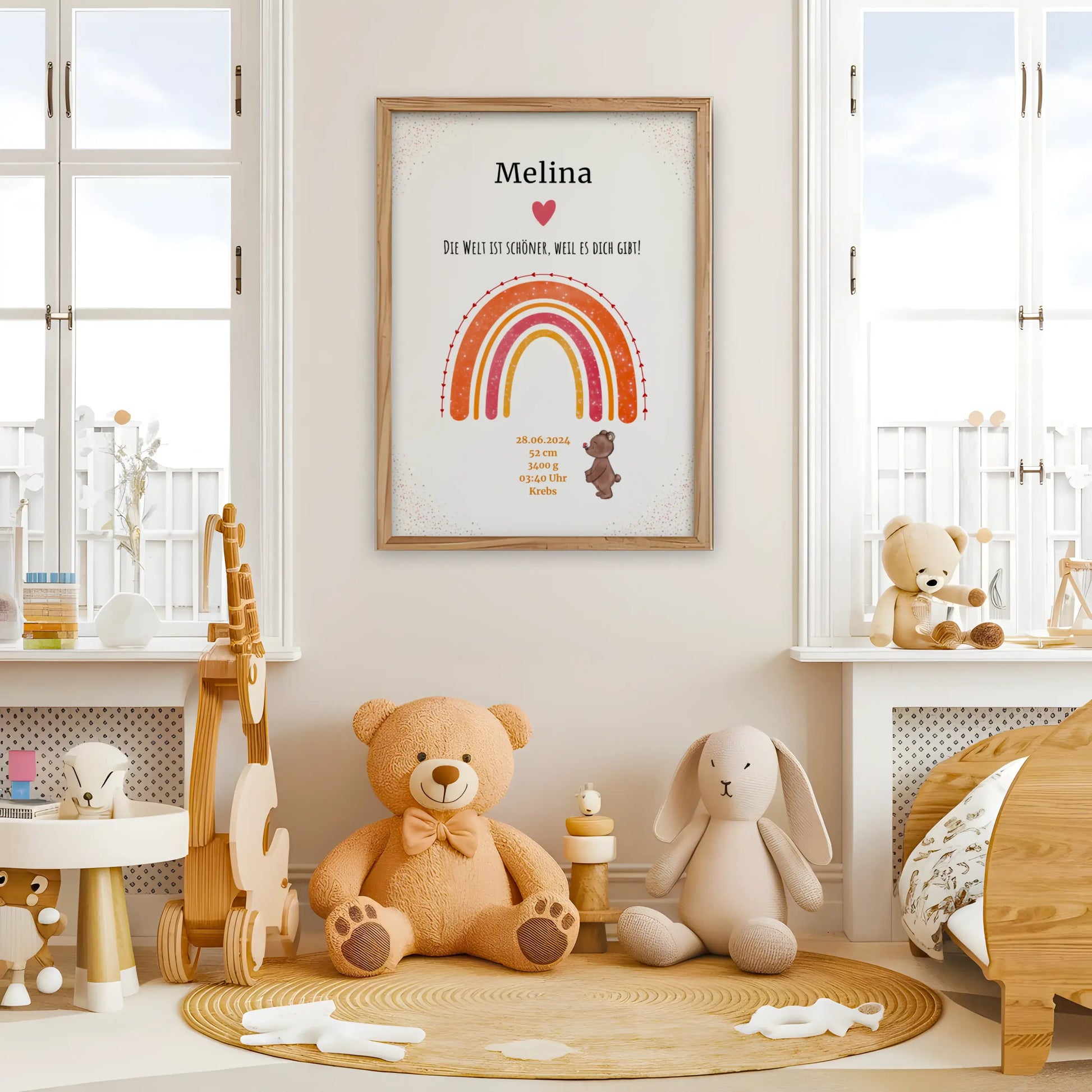 Mit Liebe gestaltetes Regenbogenposter zur Geburt – personalisiertes Babybild mit Name, Datum und Bärchen in warmen Farben fürs Kinderzimmer