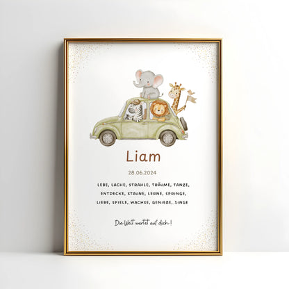 Personalisiertes Geburtsposter Safari – Baby Poster mit Name und Geburtsdaten - Kibimemories