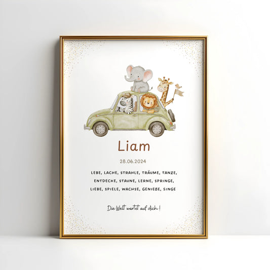 Personalisiertes Geburtsposter Safari – Baby Poster mit Name und Geburtsdaten - Kibimemories