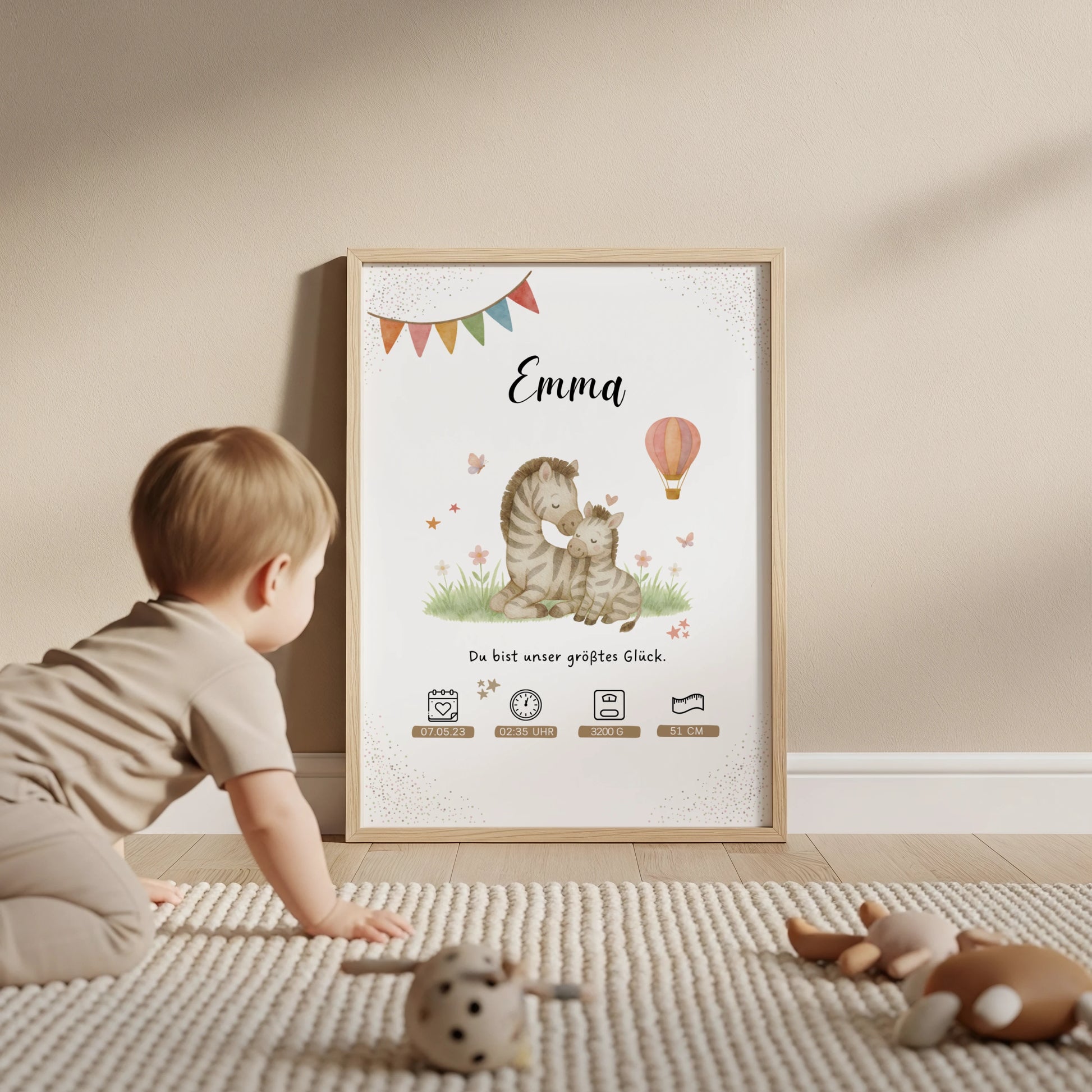 Personalisiertes Geburtsposter mit Mama Zebra und Baby als besondere Erinnerung von Kibimemories