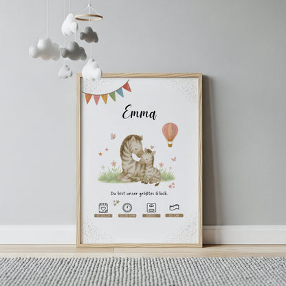 Liebevolles personalisiertes Geburtsposter Mama und Zebra Poster mit Name und Geburtsdaten