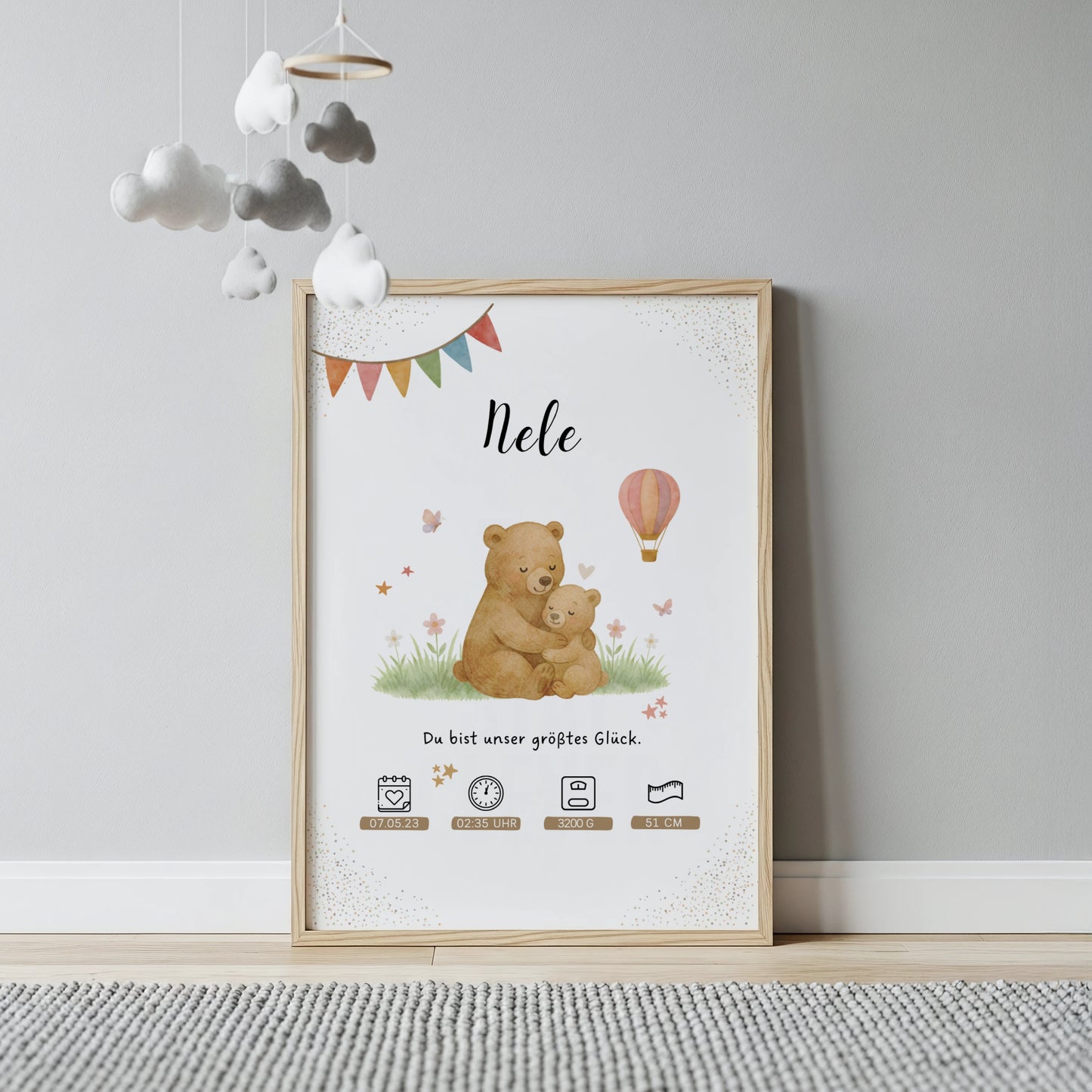 Personalisiertes Geburtsposter mit Mama Bär und Babybär für das Kinderzimmer von Kibimemories