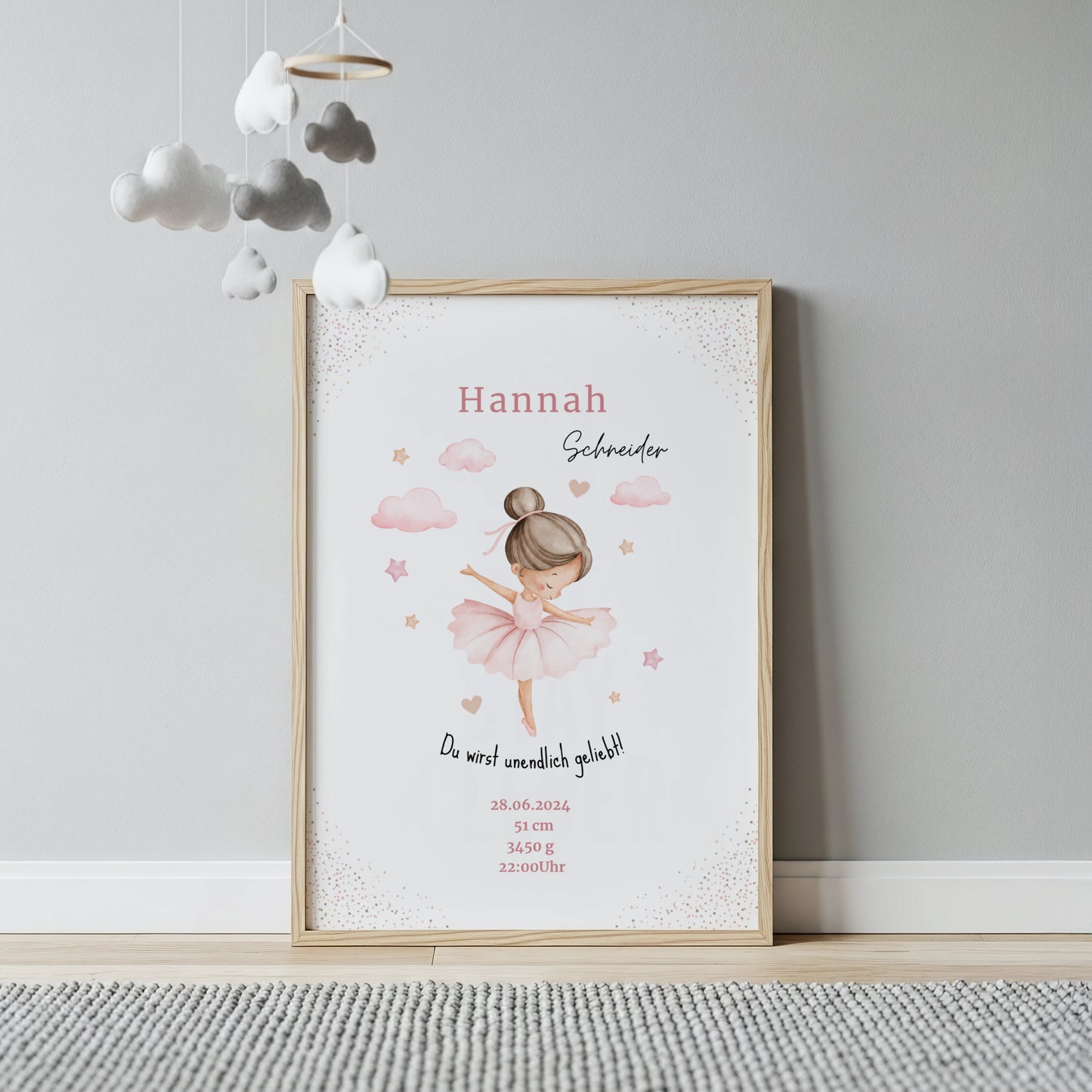 Personalisiertes Geburtsposter mit rosa Ballerina und allen wichtigen Geburtsdaten für Mädchen