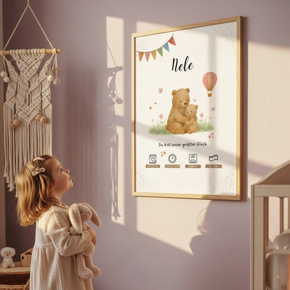 Personalisiertes Geburtsposter mit Mama Bär Motiv für das Babyzimmer