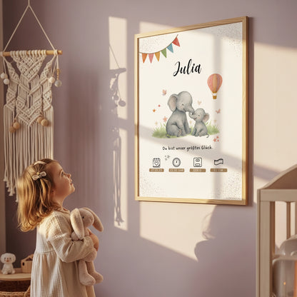 Liebevolles personalisiertes Geburtsposter Mama und Elefanten Poster mit Name und Geburtsdaten von Kibimemories