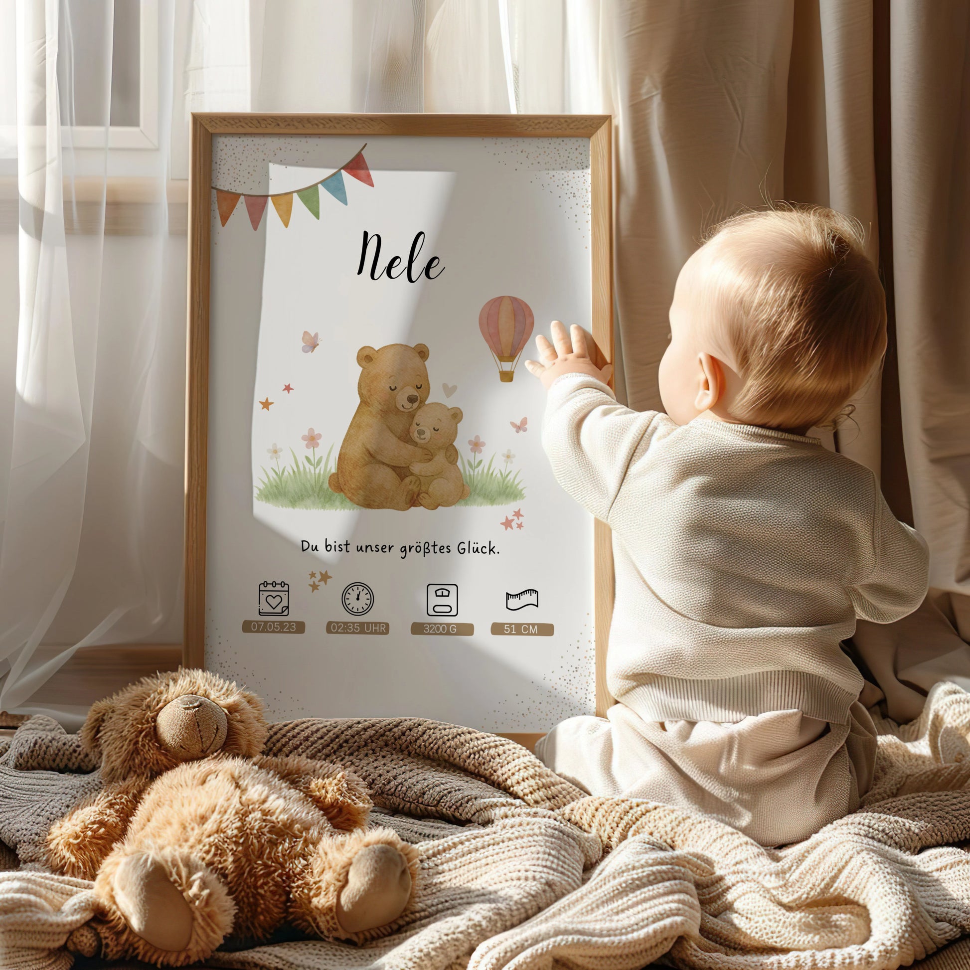 Personalisiertes Geburtsposter mit Bärenmama und wichtigen Geburtsdaten als Geschenk zur Geburt von Kibimemories