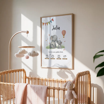Dekoratives personalisiertes Geburtsposter mit Elefanten Motiv von Kibimemories