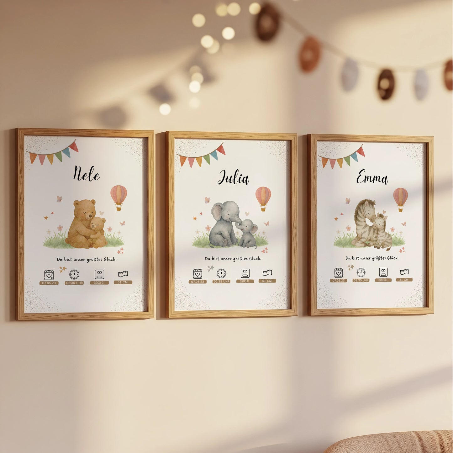 Personalisiertes Geburtsposter Babyposter mit Mama Elefant und Baby Elefant für das Kinderzimmer von Kibimemories als Geschenk zur Geburt