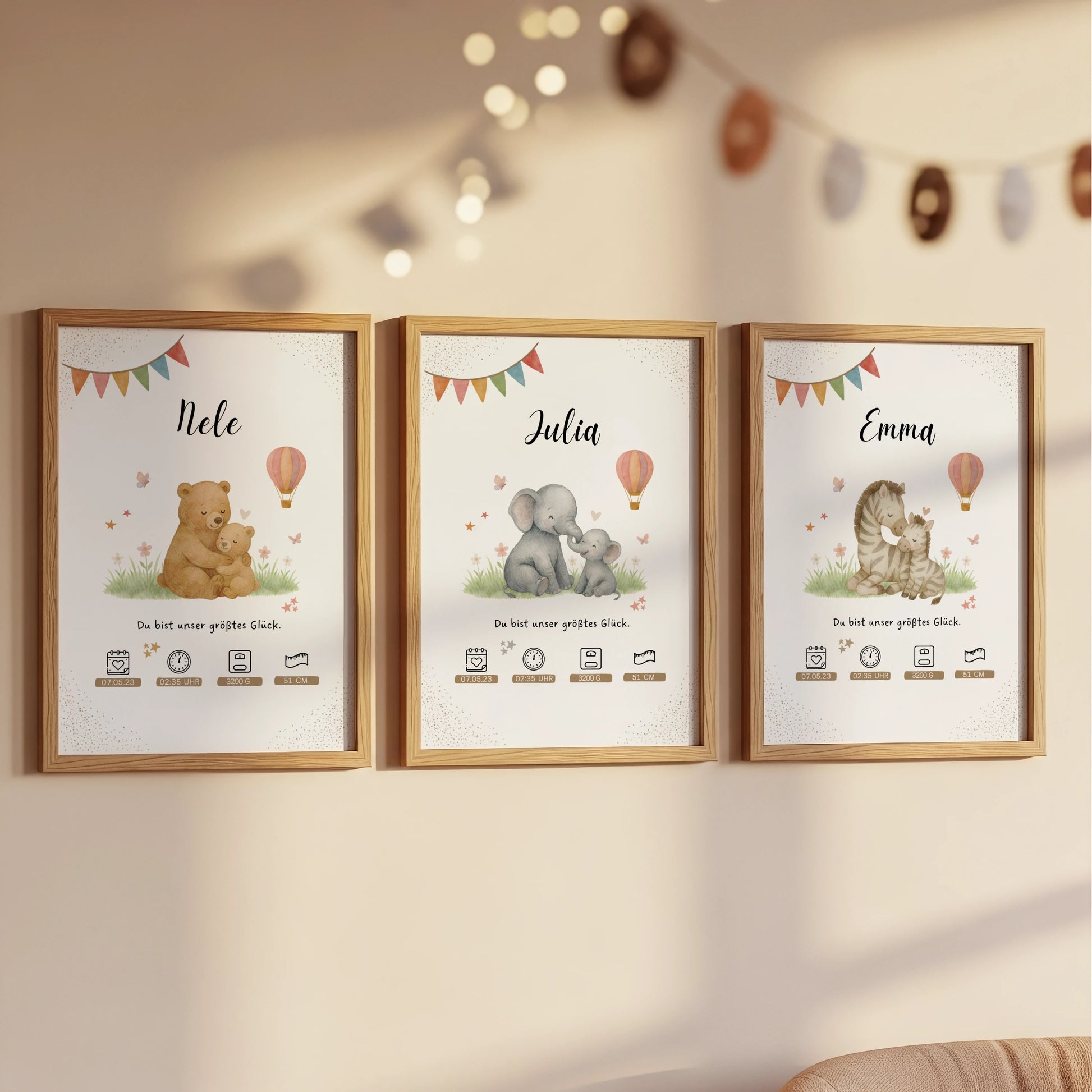Personalisiertes Geburtsposter Babyposter mit Mama Elefant und Baby Elefant für das Kinderzimmer von Kibimemories als Geschenk zur Geburt