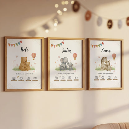 Personalisiertes Geburtsposter Babyposter mit Mama Elefant und Baby Elefant für das Kinderzimmer von Kibimemories als Geschenk zur Geburt