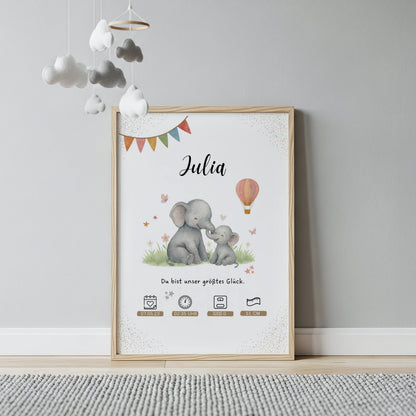 Liebevoll gestaltetes personalisiertes Geburtsposter  Mama und Elefanten Poster für Jungen und Mädchen von Kibimemories