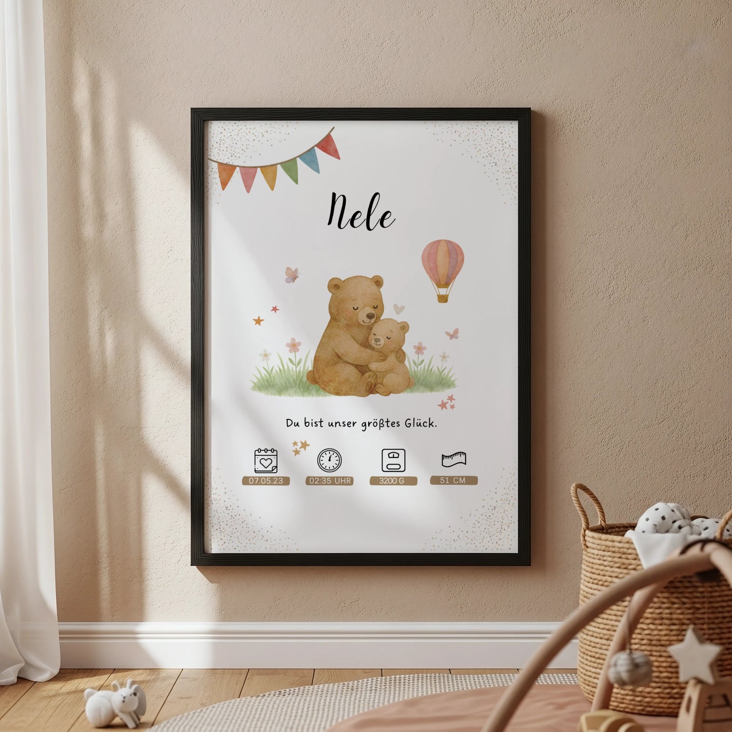 Liebevoll gestaltetes personalisiertes Geburtsposter Mama und Bär Poster für Jungen und Mädchen von Kibimemories