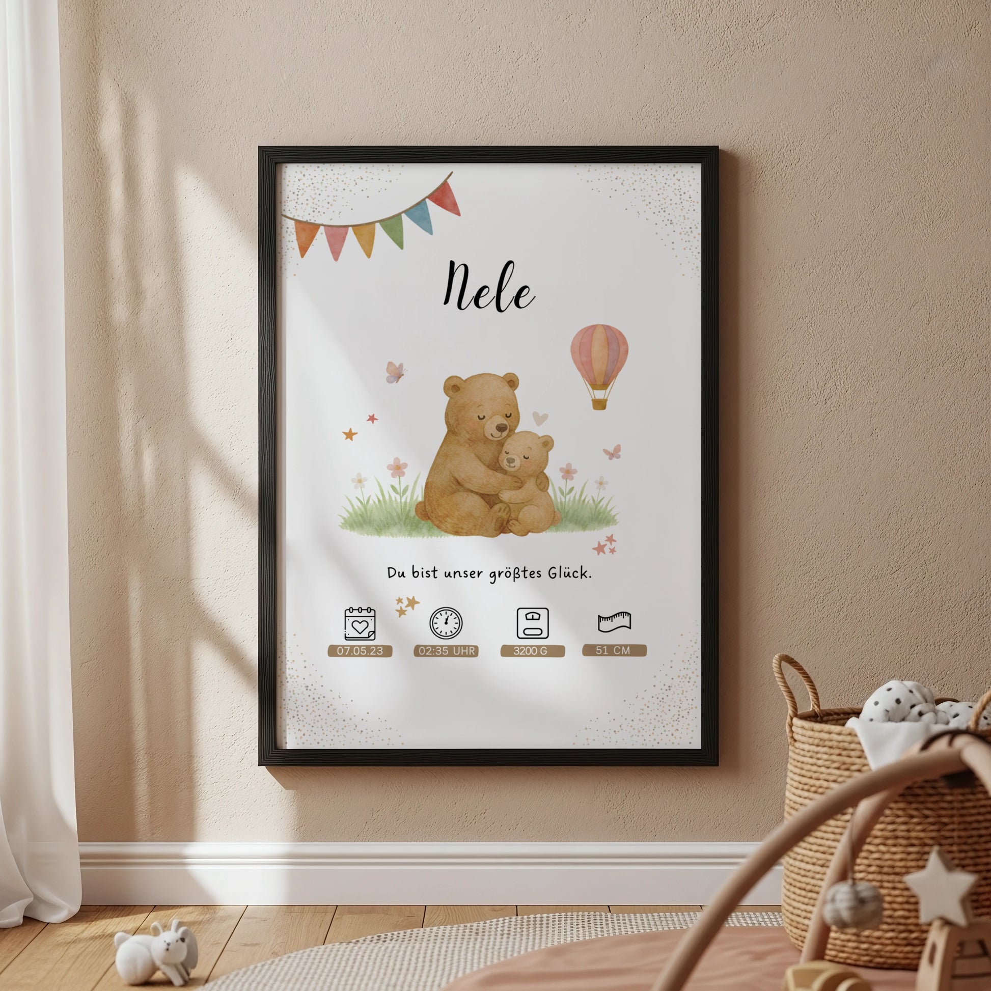 Liebevoll gestaltetes personalisiertes Geburtsposter Mama und Bär Poster für Jungen und Mädchen von Kibimemories