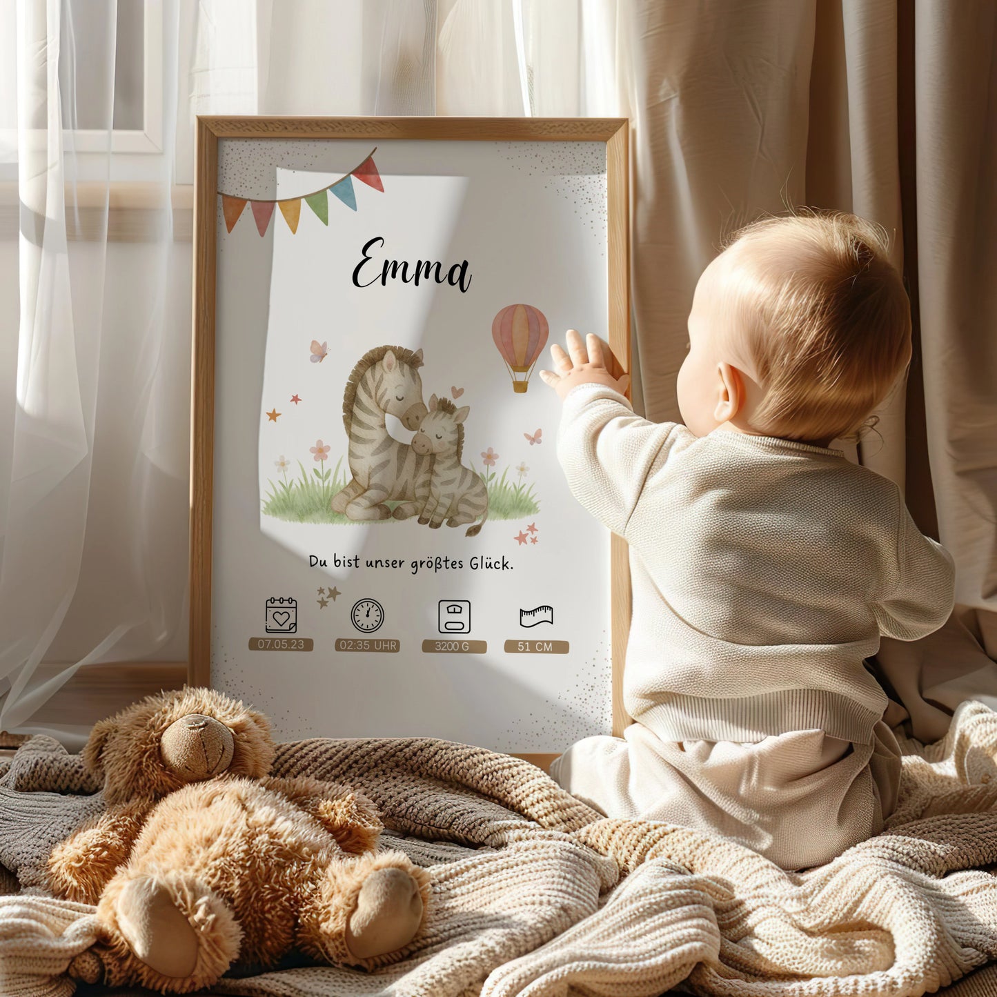 Hochwertiges personalisiertes Geburtsposter mit Zebra Mama und Geburtsdaten von Kibimemories