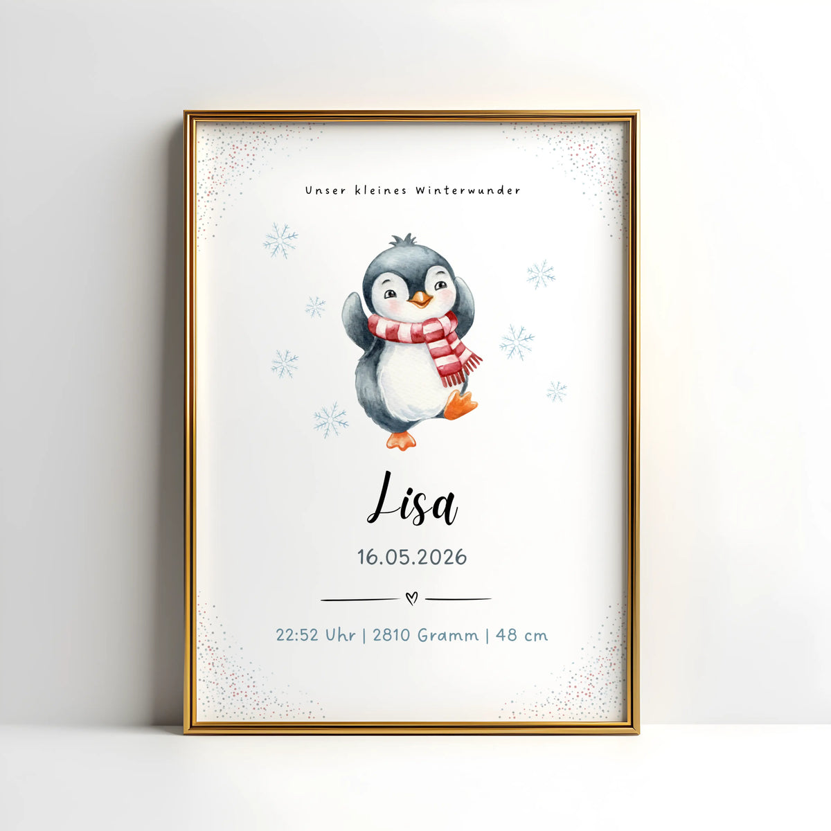 Personalisiertes Geburtsposter Winterbaby mit Pinguin - süßes Motiv eines Pinguins mit Geburtsdaten und Name