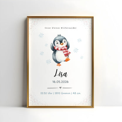 Personalisiertes Geburtsposter Winterbaby mit Pinguin - süßes Motiv eines Pinguins mit Geburtsdaten und Name