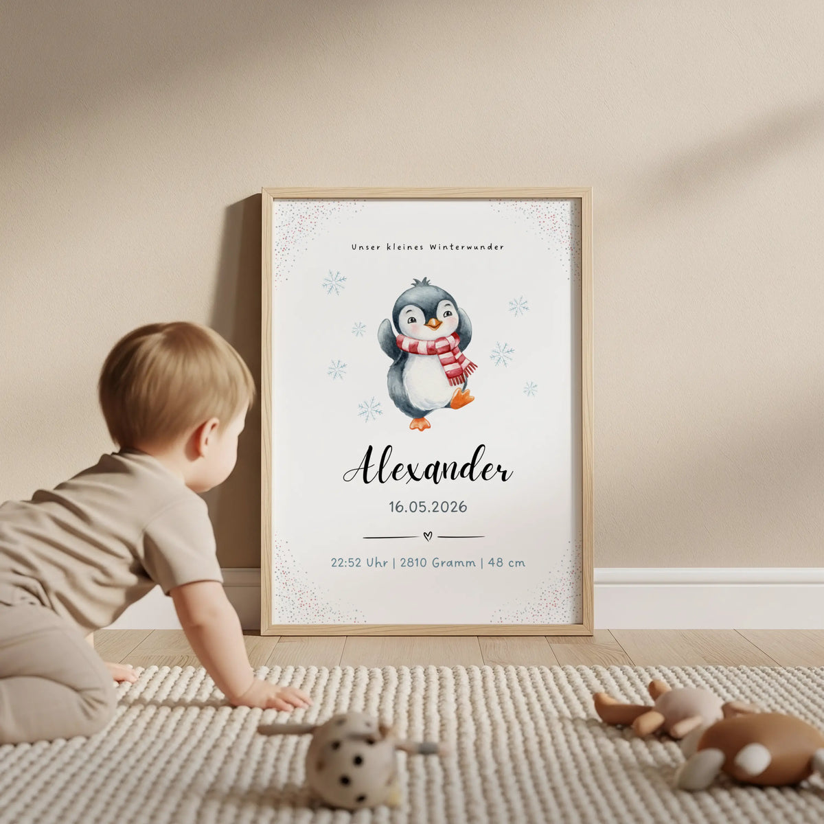 Personalisiertes Geburtsposter Winterbaby mit Pinguin, designed for newborns with name and birth details.