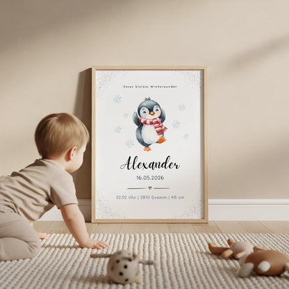 Personalisiertes Geburtsposter Winterbaby mit Pinguin, designed for newborns with name and birth details.