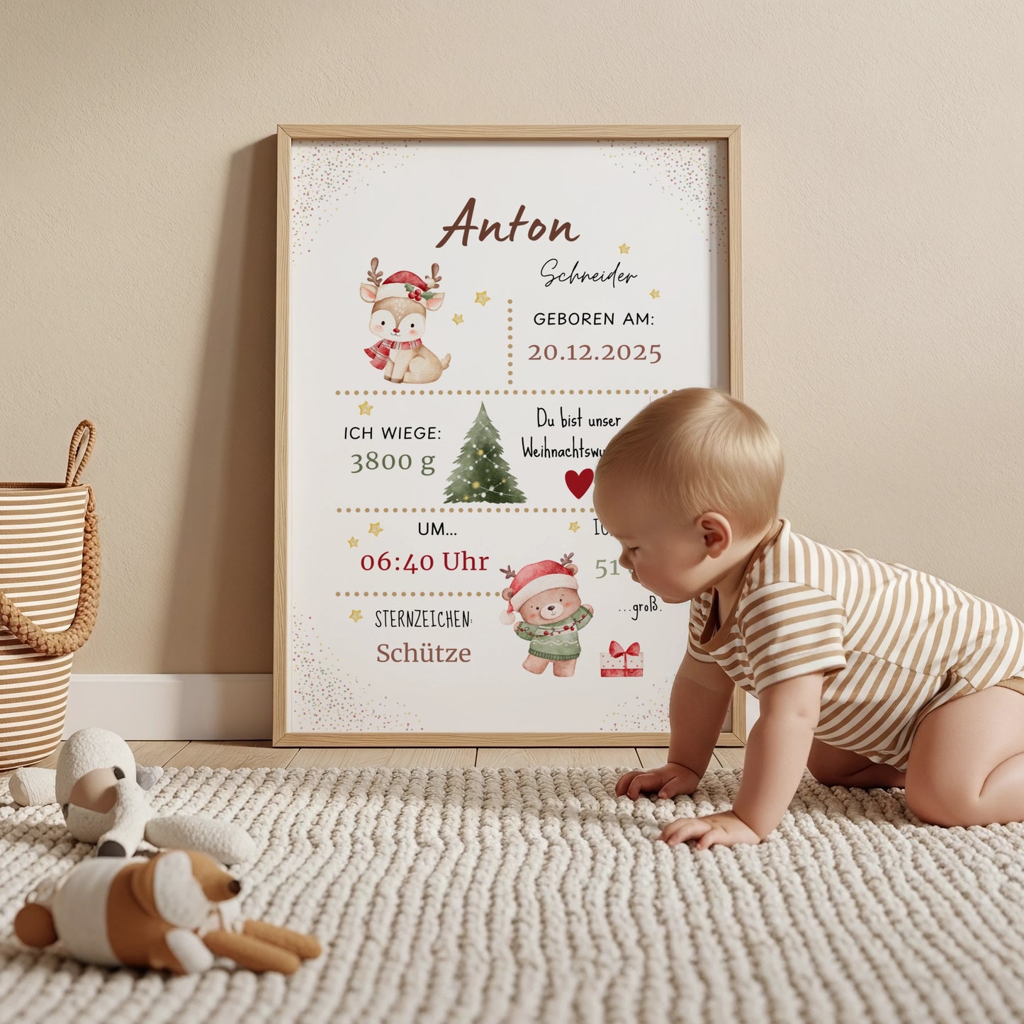 winterliches personalisiertes geburtsposter mit namen und geburtsinformationen fuer neugeborene von kibimemories