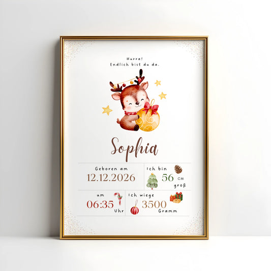Personalisiertes Geburtsposter Weihnachten mit Rentier, Name und individuellen Geburtsdaten