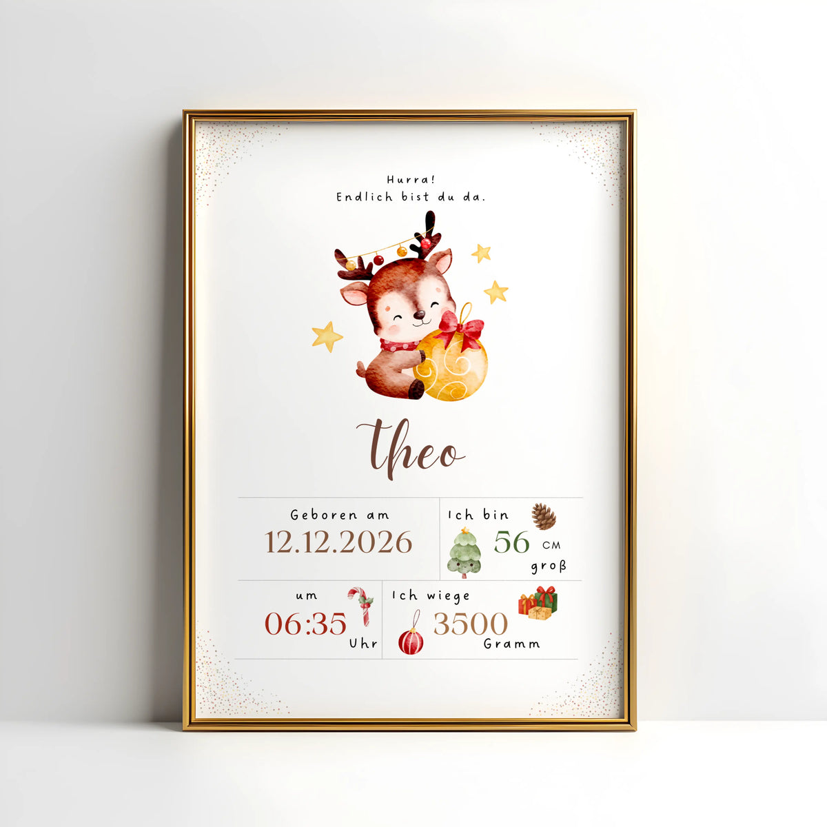 Personalisiertes Geburtsposter Weihnachten mit Rentier, das die Geburtsdaten eines Babys zeigt.