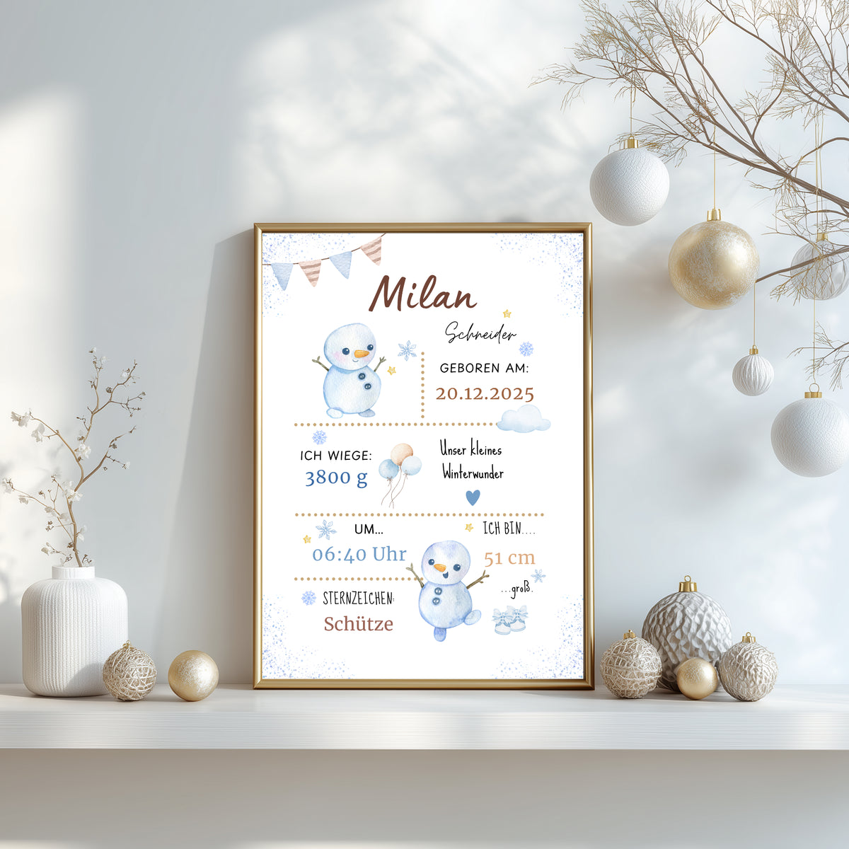 Personalisiertes Geburtsposter zu Weihnachten mit Wintermotiv und Schneemännern Winterbaby Weihnachtsposter