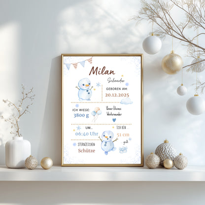 Personalisiertes Geburtsposter zu Weihnachten mit Wintermotiv und Schneemännern Winterbaby Weihnachtsposter