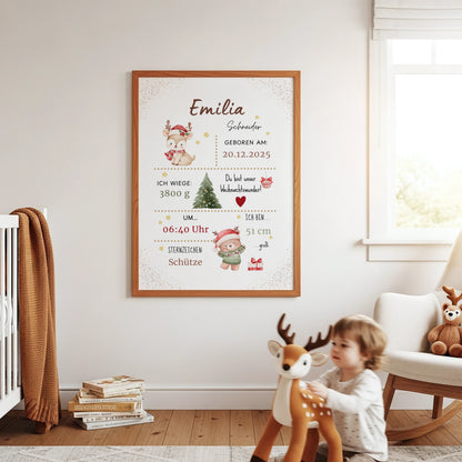 liebevoll gestaltetes personalisiertes geburtsposter fuer jungen und maedchen von kibimemories zur geburt an weihnachten