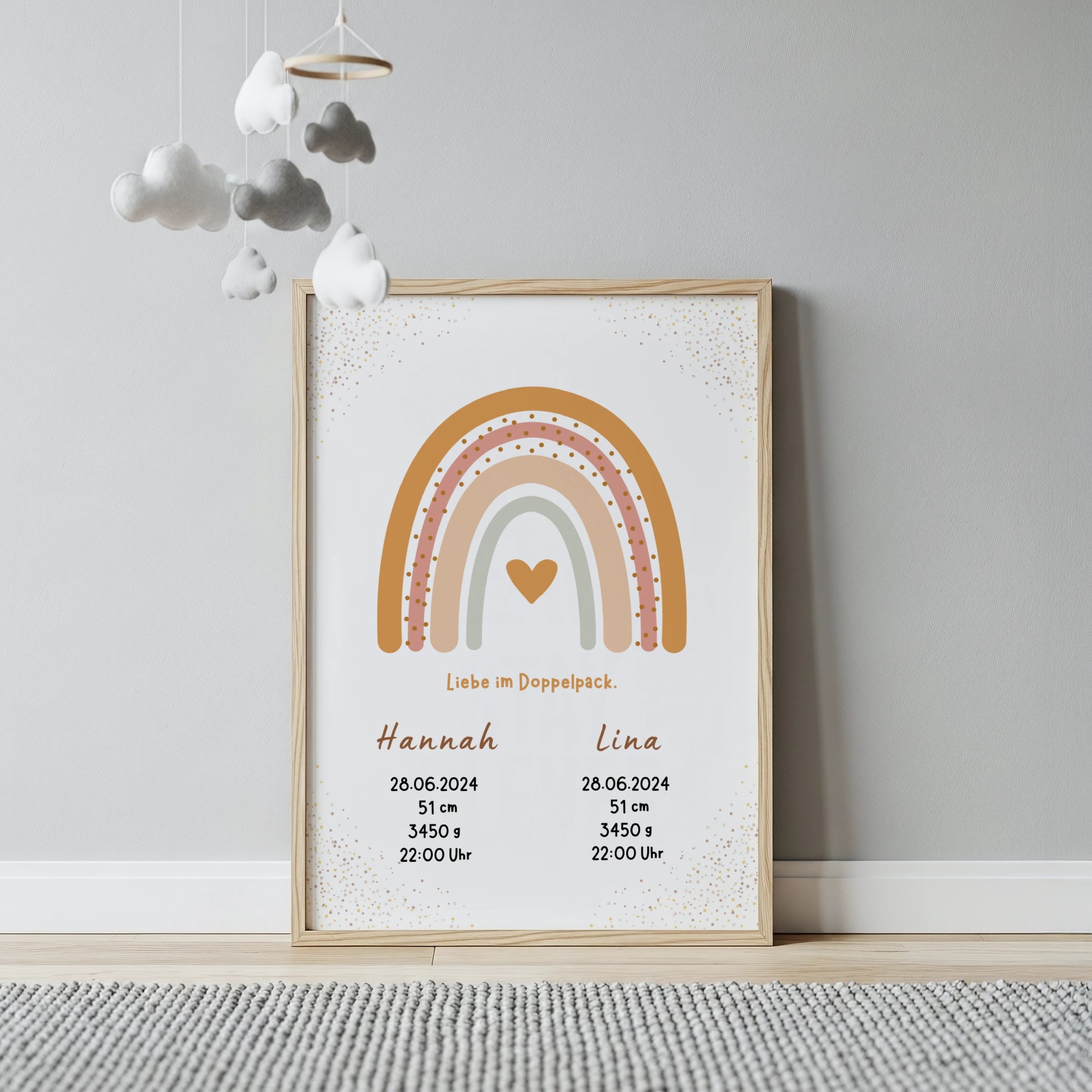Personalisiertes Geburtsposter Zwillingsposter mit Regenbogen für das Babyzimmer von Kibimemories