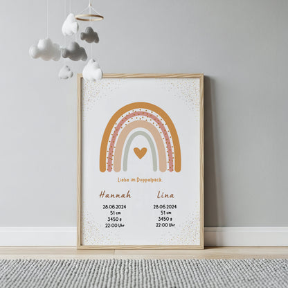 Personalisiertes Geburtsposter Zwillingsposter mit Regenbogen für das Babyzimmer von Kibimemories