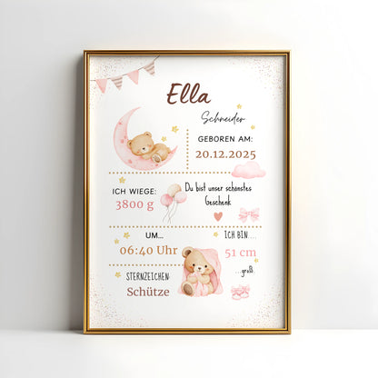 Personalisiertes Geburtsposter schlafender Bär auf dem Mond mit rosa Design und Details zur Geburt.