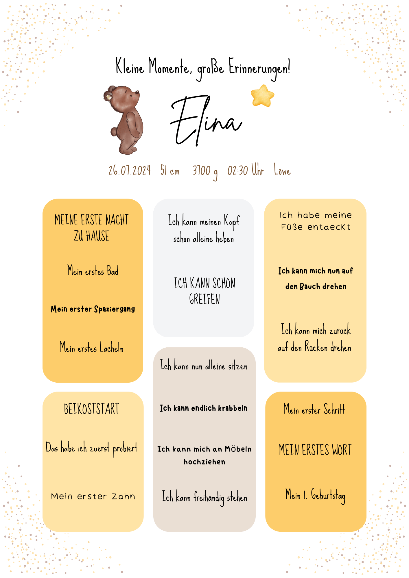 Personalisiertes Meilensteinposter für Babys mit Name, Geburtsdaten und Entwicklungsschritten – liebevoll gestaltetes Geschenk zur Geburt im Bärendesign
