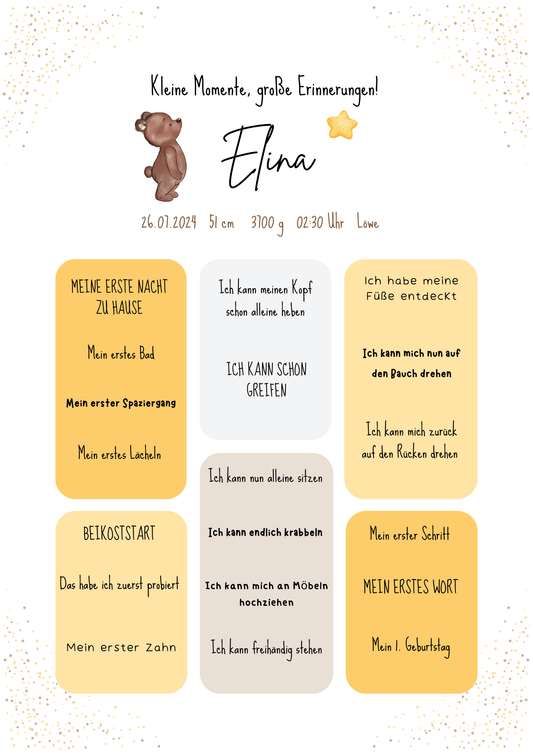 Personalisiertes Meilensteinposter für Babys mit Name, Geburtsdaten und Entwicklungsschritten – liebevoll gestaltetes Geschenk zur Geburt im Bärendesign