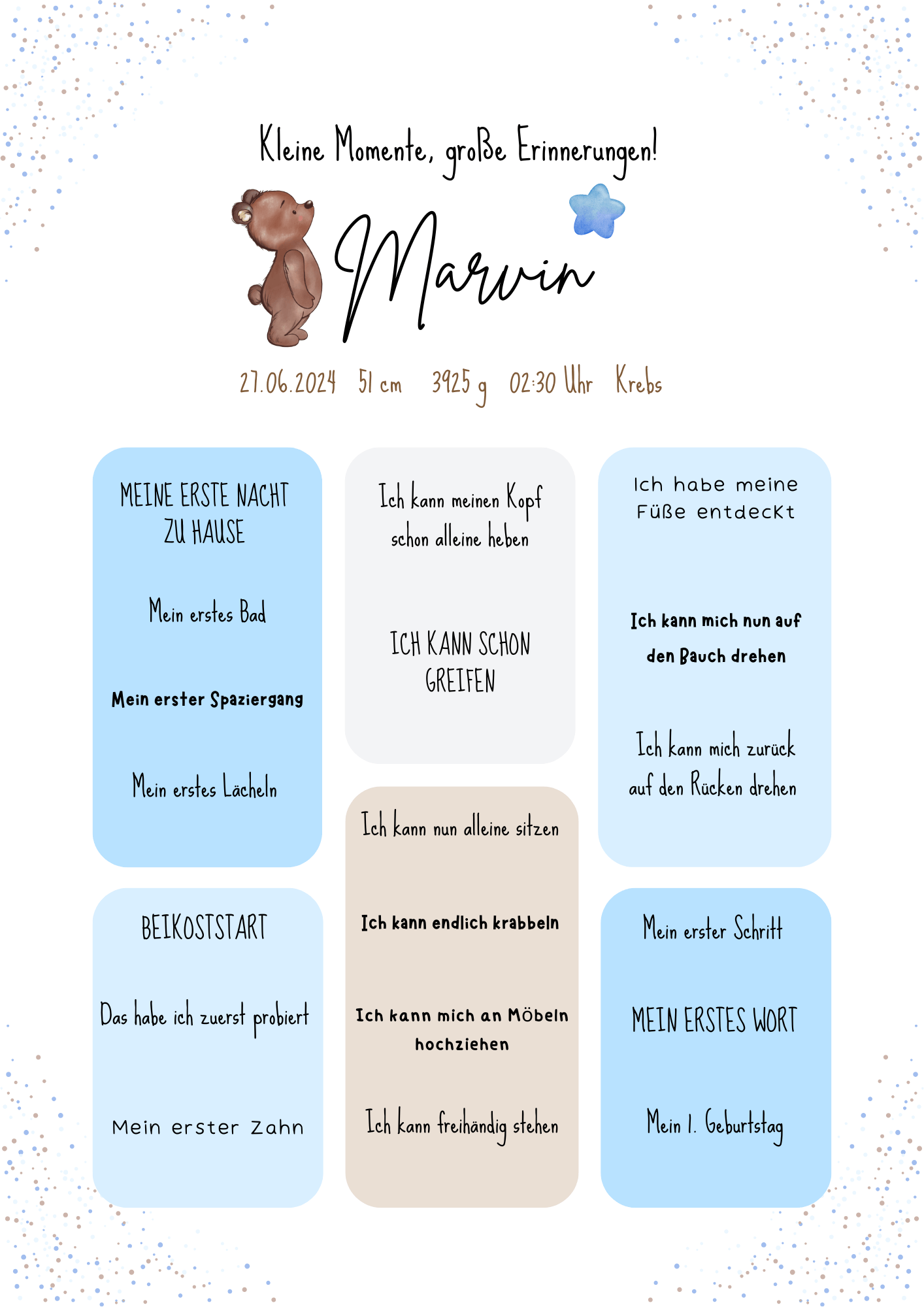 Personalisiertes Meilensteinposter für Babys mit Name, Geburtsdaten und Entwicklungsschritten – liebevoll gestaltetes Geschenk zur Geburt im Bärendesign