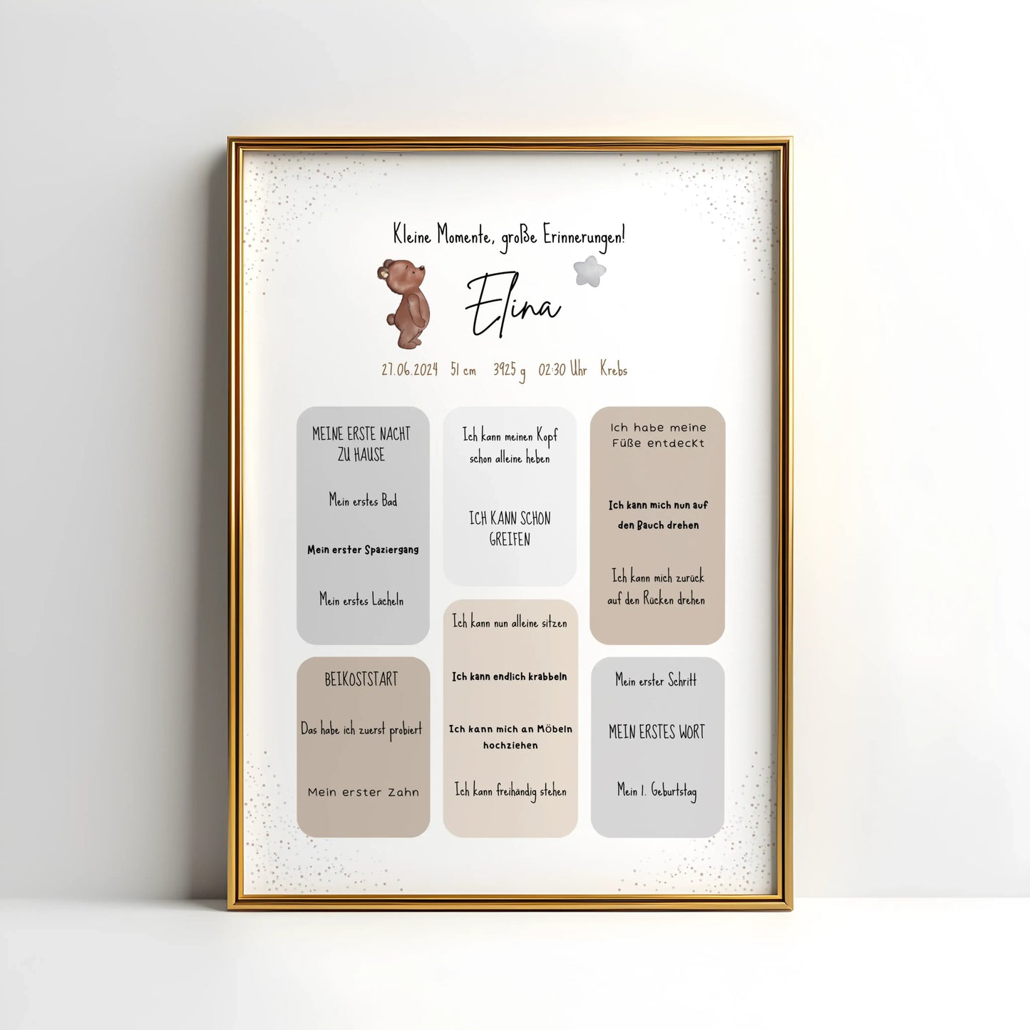 Personalisiertes Meilensteinposter für Babys mit Name, Geburtsdaten und Entwicklungsschritten – liebevoll gestaltetes Geschenk zur Geburt im Bärendesign