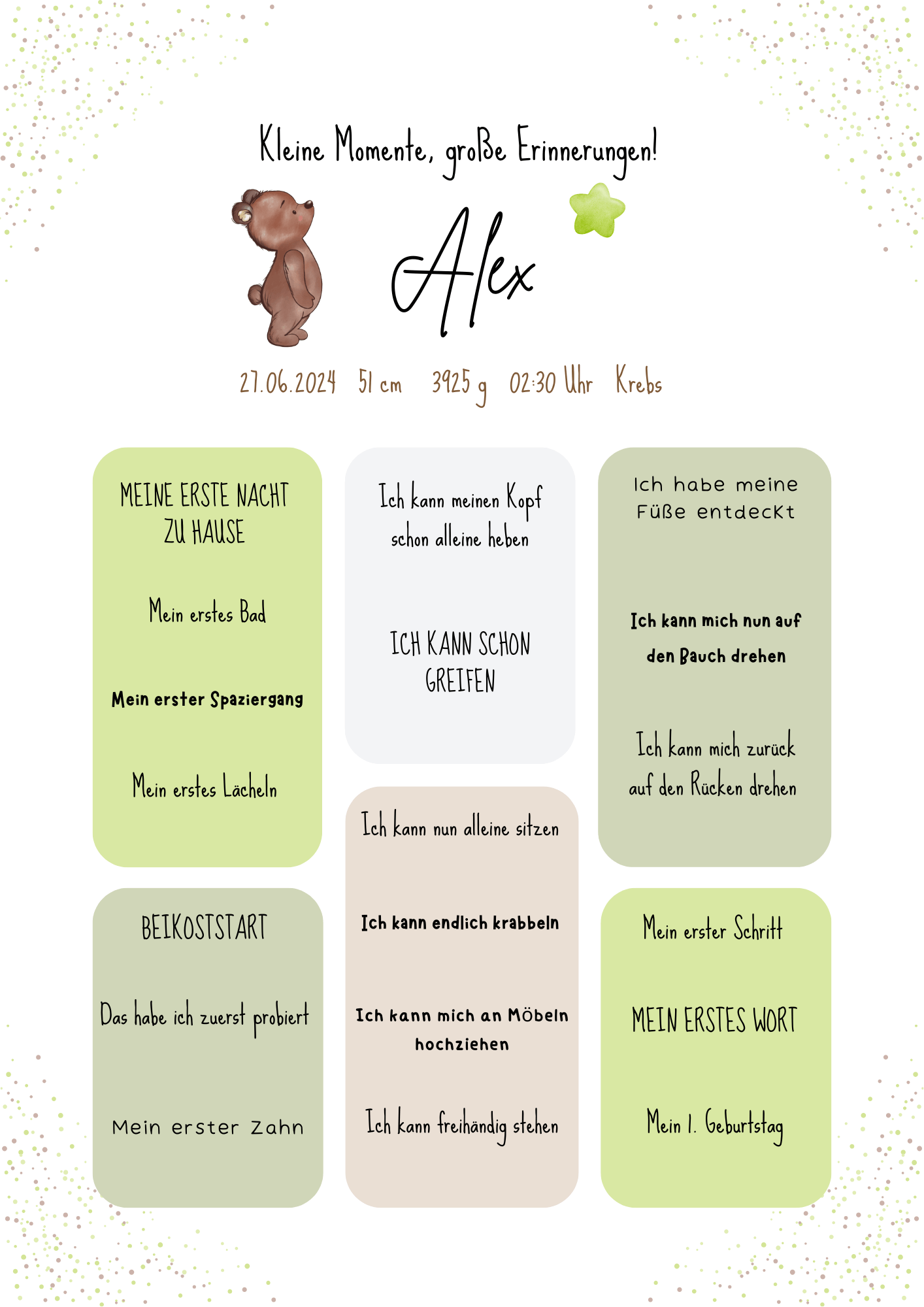 Personalisiertes Meilensteinposter für Babys mit Name, Geburtsdaten und Entwicklungsschritten – liebevoll gestaltetes Geschenk zur Geburt im Bärendesign