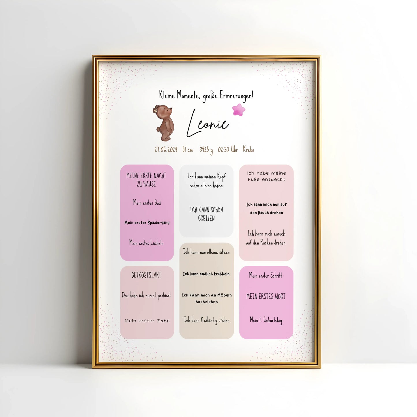 Personalisiertes Meilensteinposter für Babys mit Name, Geburtsdaten und Entwicklungsschritten – liebevoll gestaltetes Geschenk zur Geburt im Bärendesign