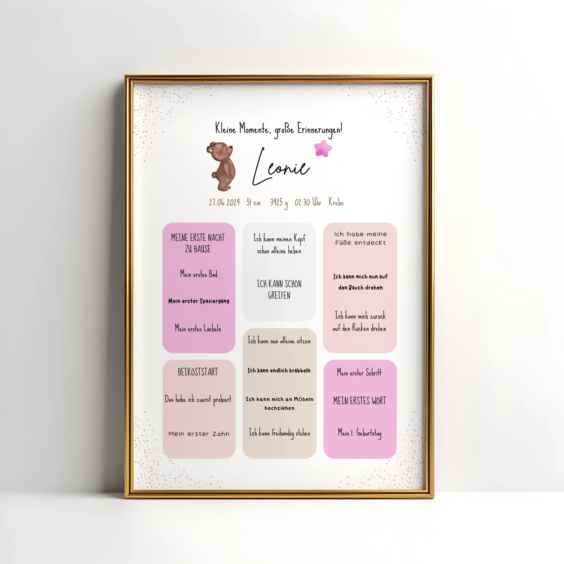 Personalisiertes Meilensteinposter für Babys mit Name, Geburtsdaten und Entwicklungsschritten – liebevoll gestaltetes Geschenk zur Geburt im Bärendesign