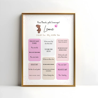 Personalisiertes Meilensteinposter für Babys mit Name, Geburtsdaten und Entwicklungsschritten – liebevoll gestaltetes Geschenk zur Geburt im Bärendesign